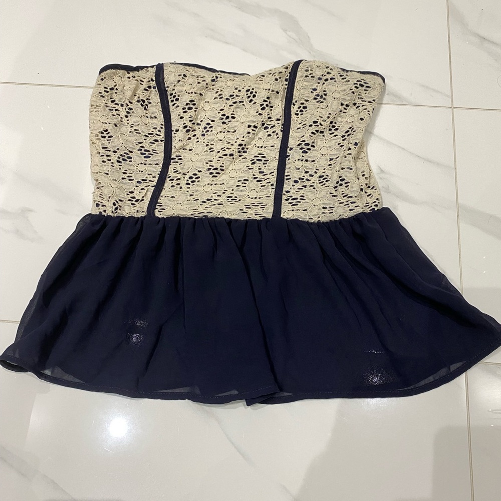 Mystic Navy and Cream Strapless Top
